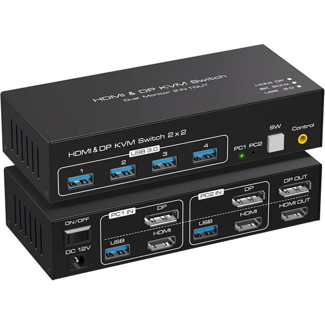 8K@60Hz HDMI+Displayport KVM Switch 2 Monitors 2 Computers USB 3.0 KVM Switcher Dual Monitor 2 Port for 2 PC Share Multi Monitor and 4 USB Devices with Wired Controller DC Adapter