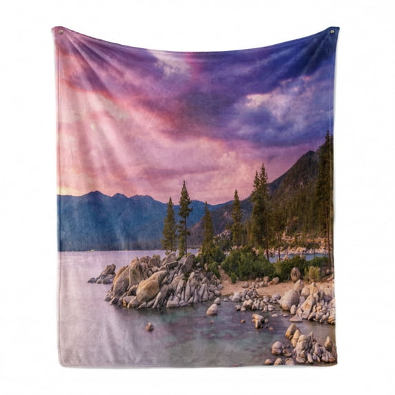 Lake Soft Flannel Fleece Blanket, Secret Paradise Forest by the Lake with Surreal Miraculous Clouds in the Sky Art Print, Cozy Plush for Indoor and Outdoor Use, 60" x 80", Pink Grey, by Ambesonne