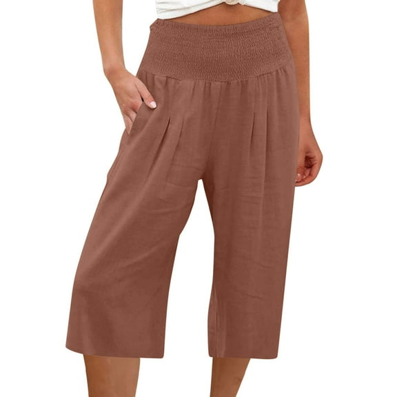 Outfmvch Ankle Pants for Women Flowy Pants for Women Petite Loose Flowy Pants Summer Beach Vacation Elastic Waist Cropped Trouser Summer Outfits Gauze Pants Cropped Lounge Trousers Coffee M-3XL
