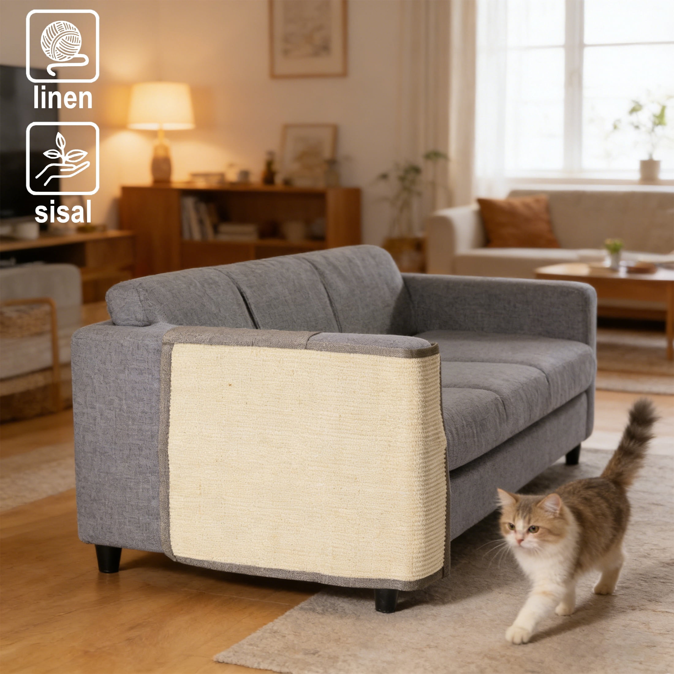NATPLUS Cat Scratch Mat Sofa Protector, Natural Sisal Furniture Scratching Pad with Storage Pockets, Durable Anti-Scratch Couch Guard for Sofa Armrest & Furniture Protection