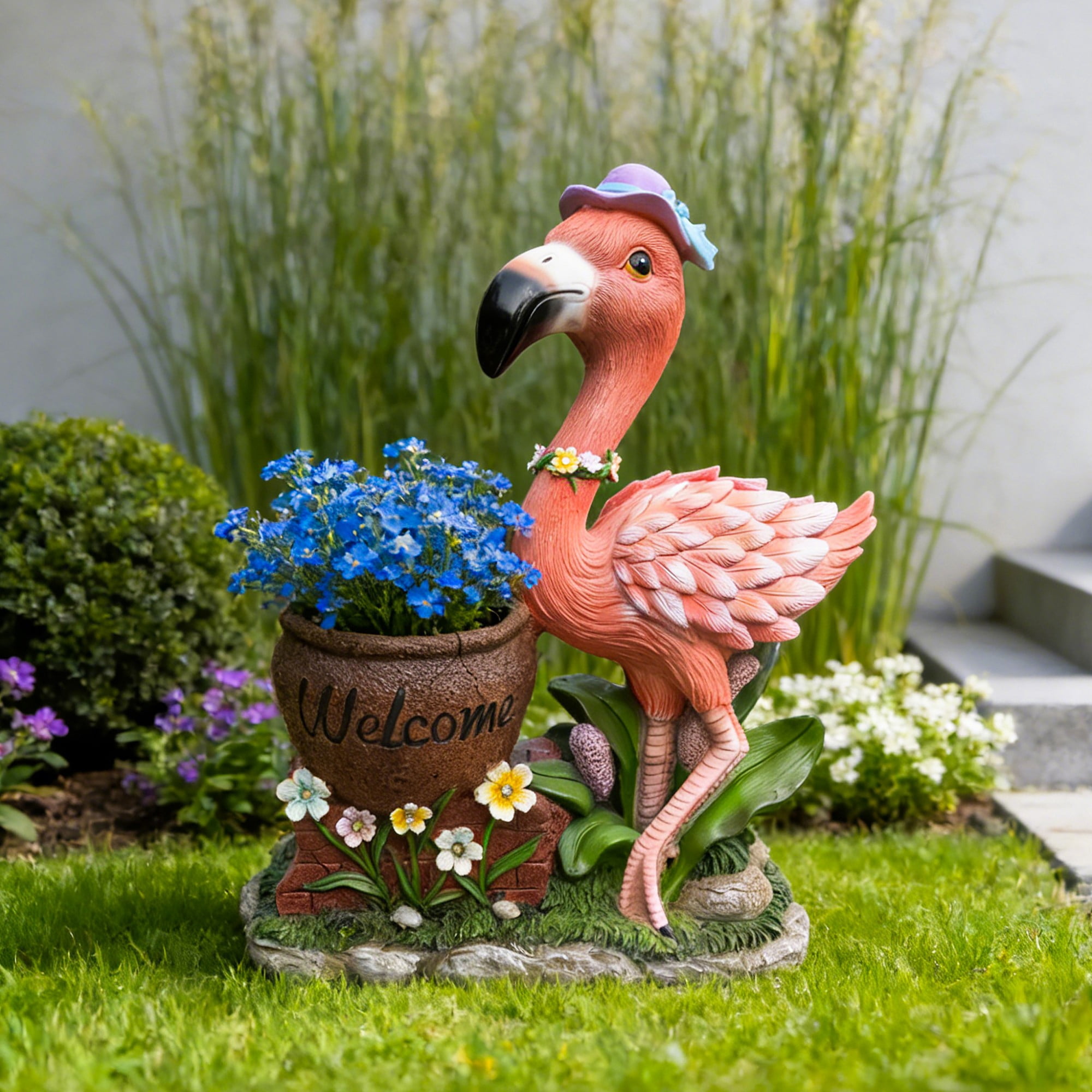 Aukfa 26.8" Solar Pink Flamingo Garden Statue with Welcome Planter Pot, Resin Figurine with LED Lights & 7" Flower Pot, Outdoor Decor for Patio, Yard, Lawn, Porch