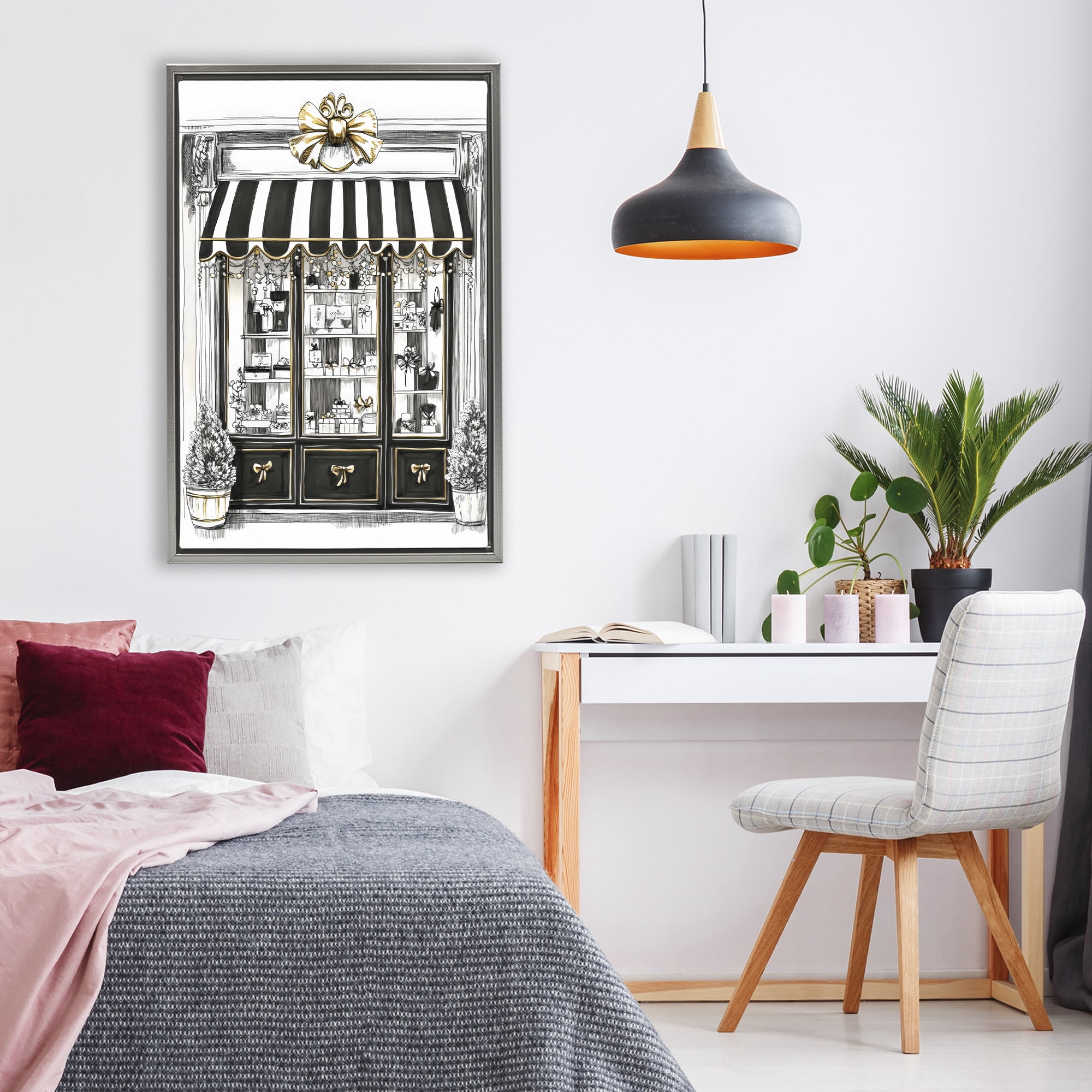 Stupell Industries Striped Paris Shop Facade Gray Framed Floater Canvas Wall Art, design by Petal Prints Design