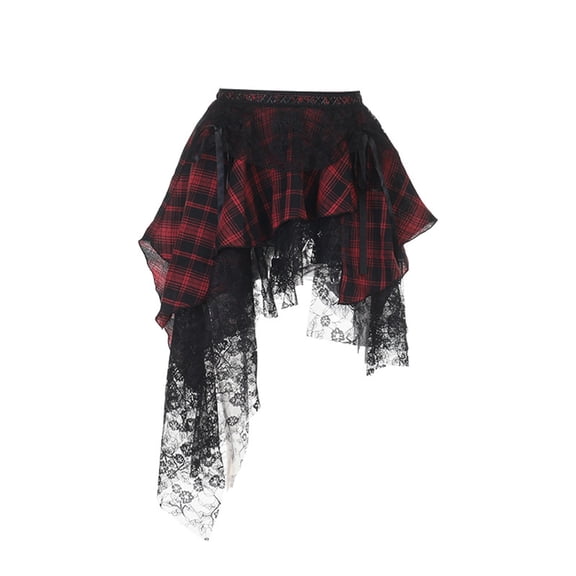LIIPEE Womens Halloween Gothic Costumes Plaid Print Elastic Waist Irregular Lace Ribbon Midi Skirt,S-L
