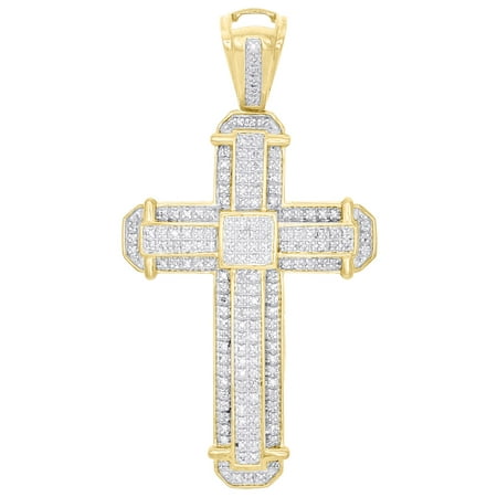 Pave Cross Charm - 10K Yellow Gold Real Diamond Cross Tier Frame Fancy Pendant 2