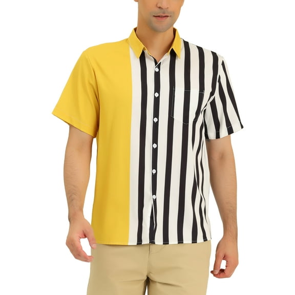 Lars Amadeus Men's Hawaiian Short Sleeve Button Down Color Block Stripe Shirts