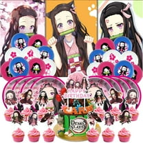 Demon Slayer Girl Nezuko Birthday Party Supplies Balloons Paper Plates Decoration Cake Topper Decor Tableware Banner Backdrop