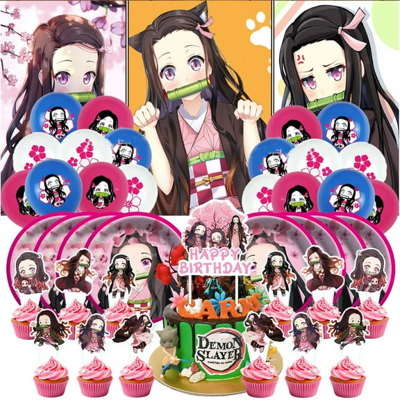 Demon Slayer Girl Nezuko Birthday Party Supplies Balloons Paper Plates Decoration Cake Topper Decor Tableware Banner Backdrop
