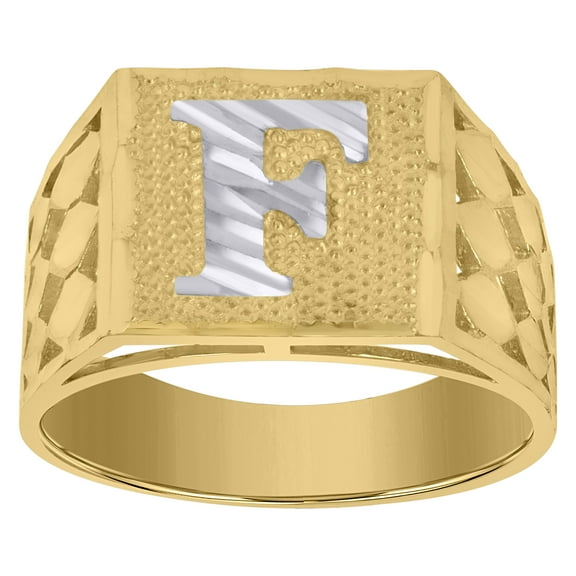 10kt 10k Two-Tone Gold Mens Diamond-Cut Textured Initial Letter F Band Ring