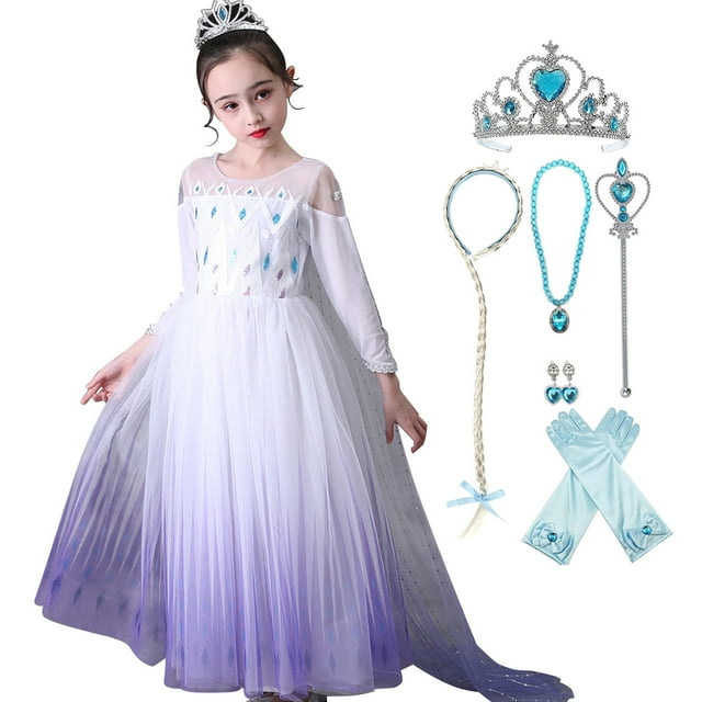 HAWEE Elsa Robe de Princesse Reine des Neiges Cosplay Flocon de Neige Costume Robes pour Filles Manches Longues Robe de Princesse à Paillettes pour Fête