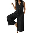 thumbnail image 1 of Women's Summer Cotton Linen Jumpsuits Loose V Neck Button Down Drawstring Wide Leg Pants Rompers Overall with Pockets, 1 of 3