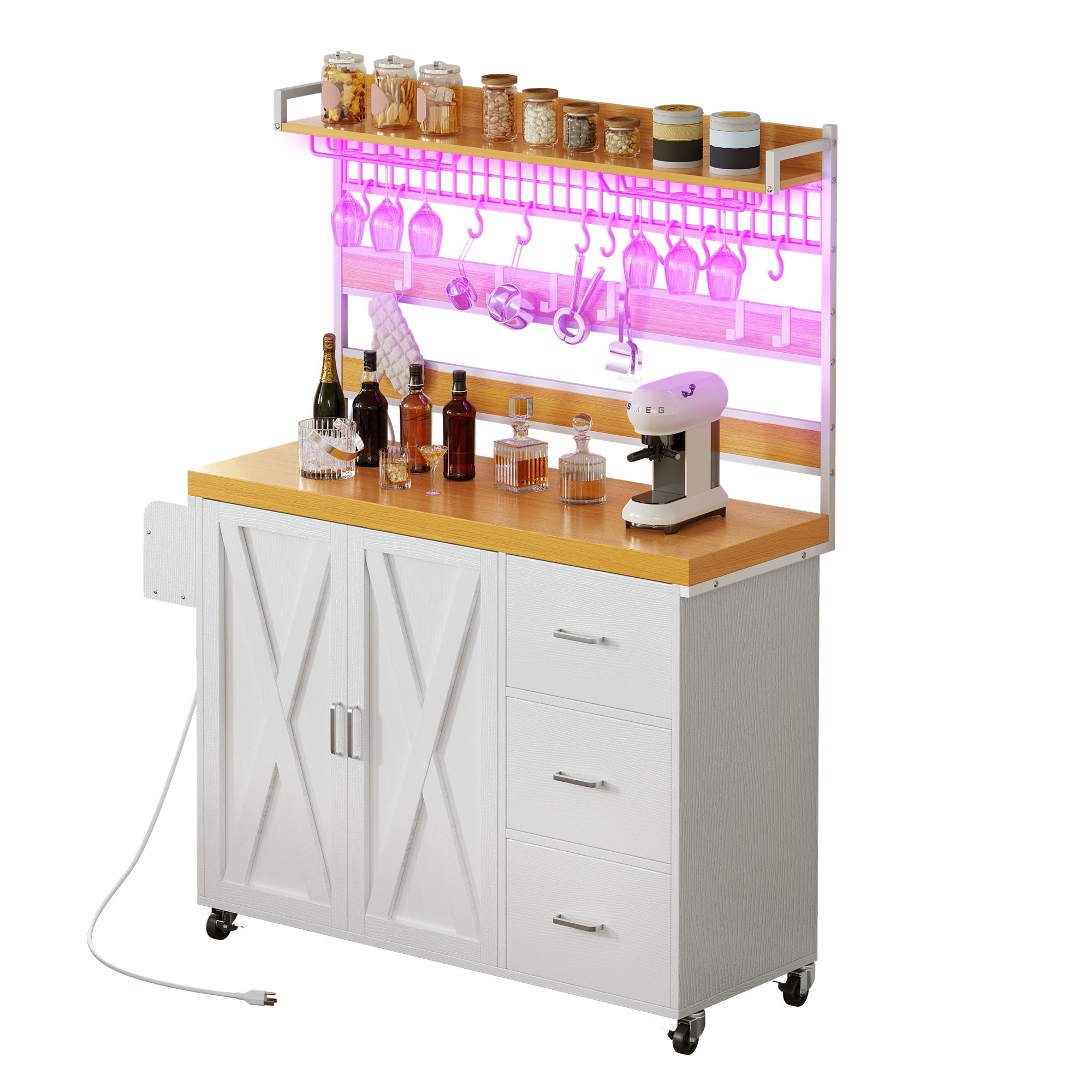 Uforic Kitchen Island with Drawers & Storage Rack, Kitchen Storage Cart with Doors & Hooks, White