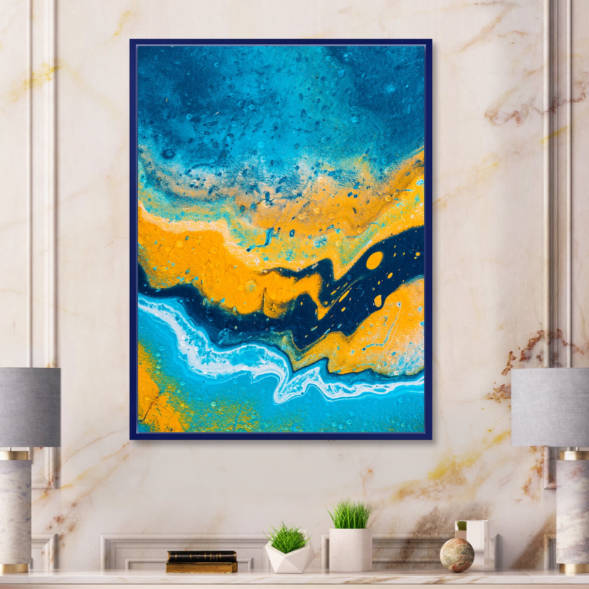 Abstract Marble Composition In Orange and Blue IV 30 in x 40 in Framed Painting Canvas Art Print, by Designart