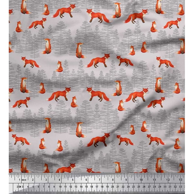 Soimoi Gray Poly Georgette Fabric Cedar Tree & Fox Animal Printed Fabric 1 Yard 42 Inch Wide