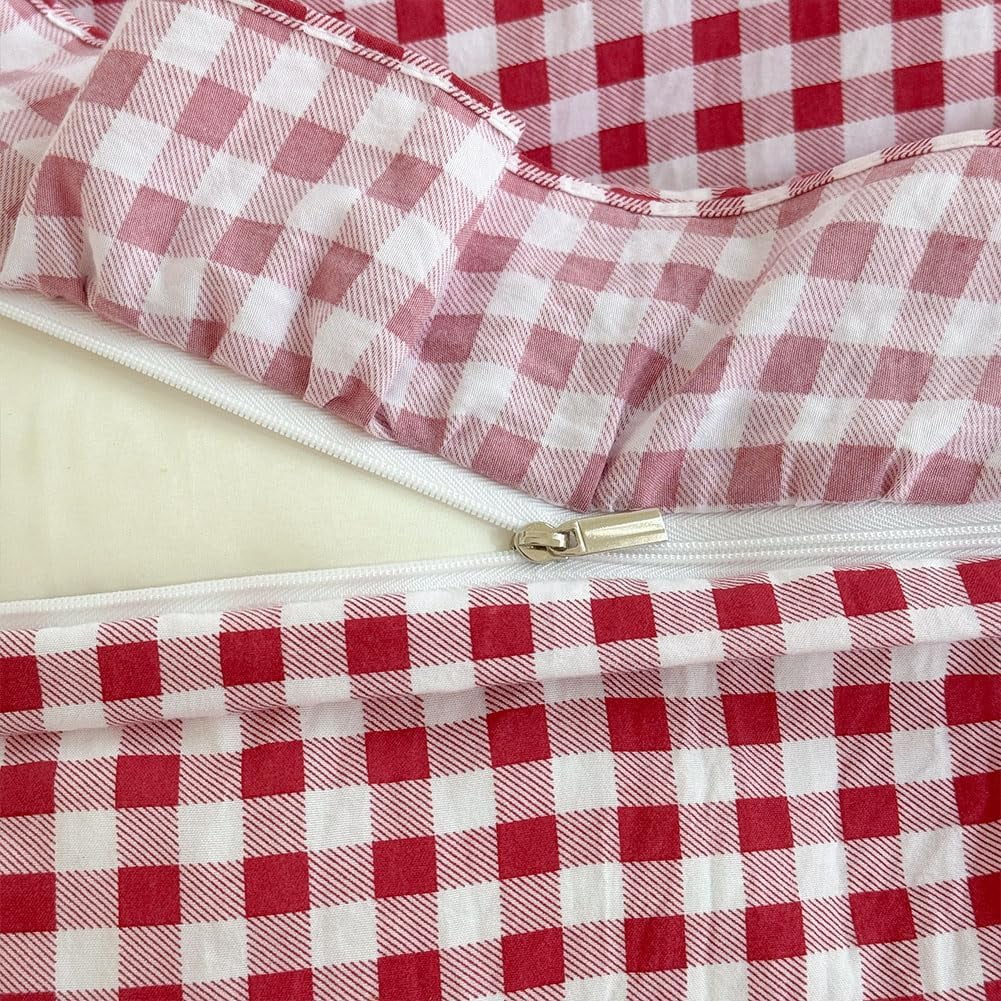 Red Gingham Ruffle Duvet Cover Twin Size, 2 Pieces Soft Pre-Washed Microfiber Checked Plaid Comforter Cover Set, Vintage Farmhouse Bedding Set(Red Gingham, Twin 68"x90")