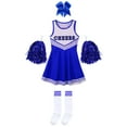 thumbnail image 3 of Manyakai Robe de Cheerleading pour Filles Enfants Tenue de Performance Tenue de Danse Costumes de Cheerleader avec Pompons Ensemble de Chaussettes Bleu E 140, 3 of 5