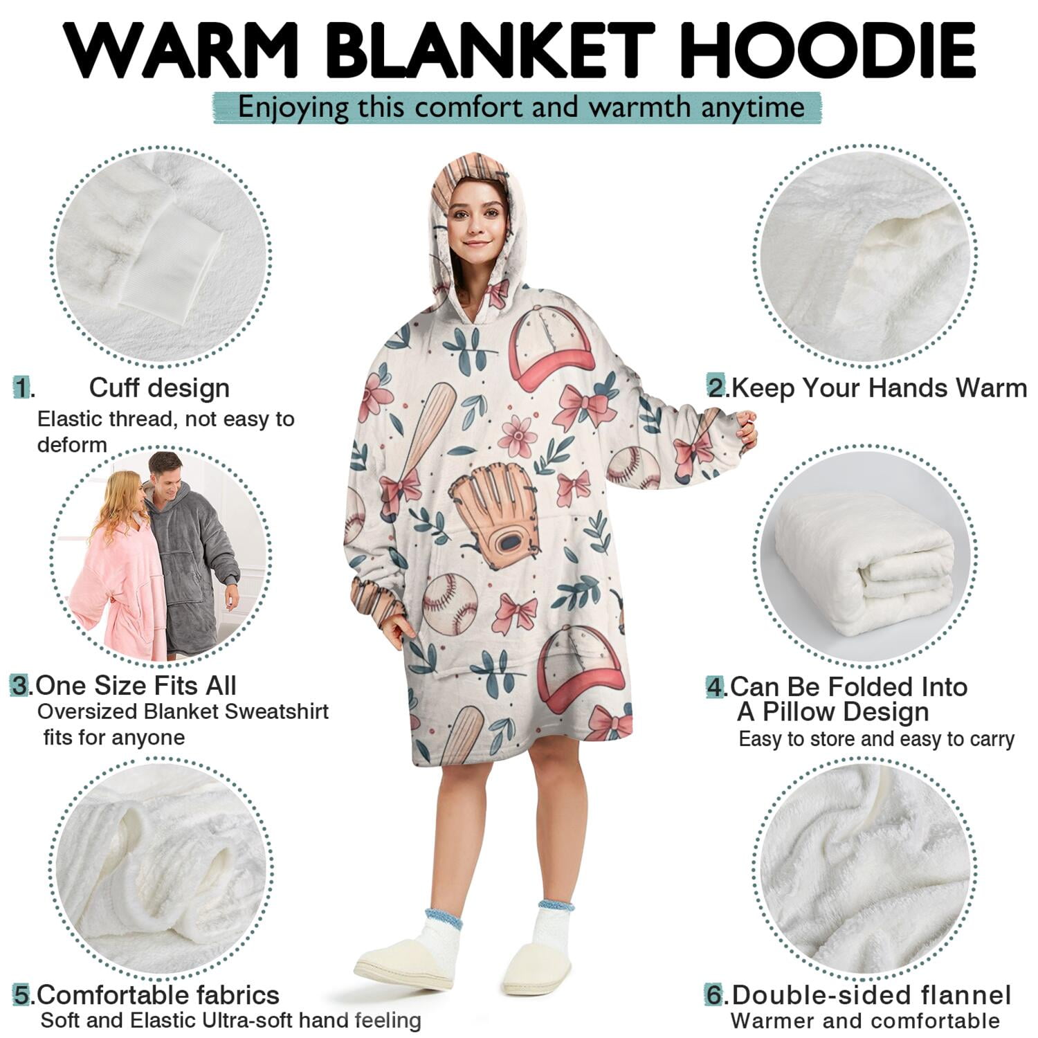 Pink and Blue Baseball Items Pattern Wearable Oversized Blanket,Wearable Blanket Hoodie for Adults,Cozy Hooded Blankets with Super Pockets,Super Warm Fuzzy Pullover for Women & Men