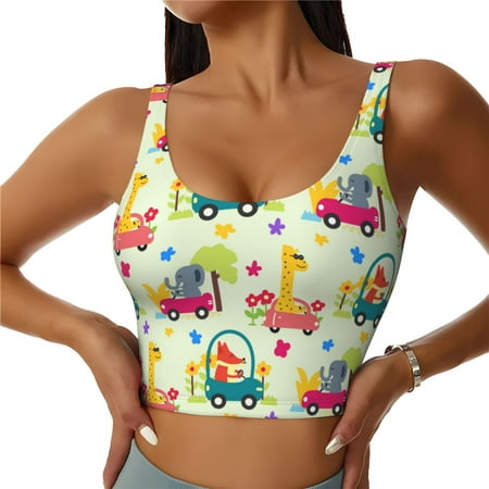 Picia Cute Animals driving a car Pattern Sports Bra for Women Padded Strappy Sports Bras Medium Support Yoga Bra with Removable Cups Running Yoga Bra-Medium