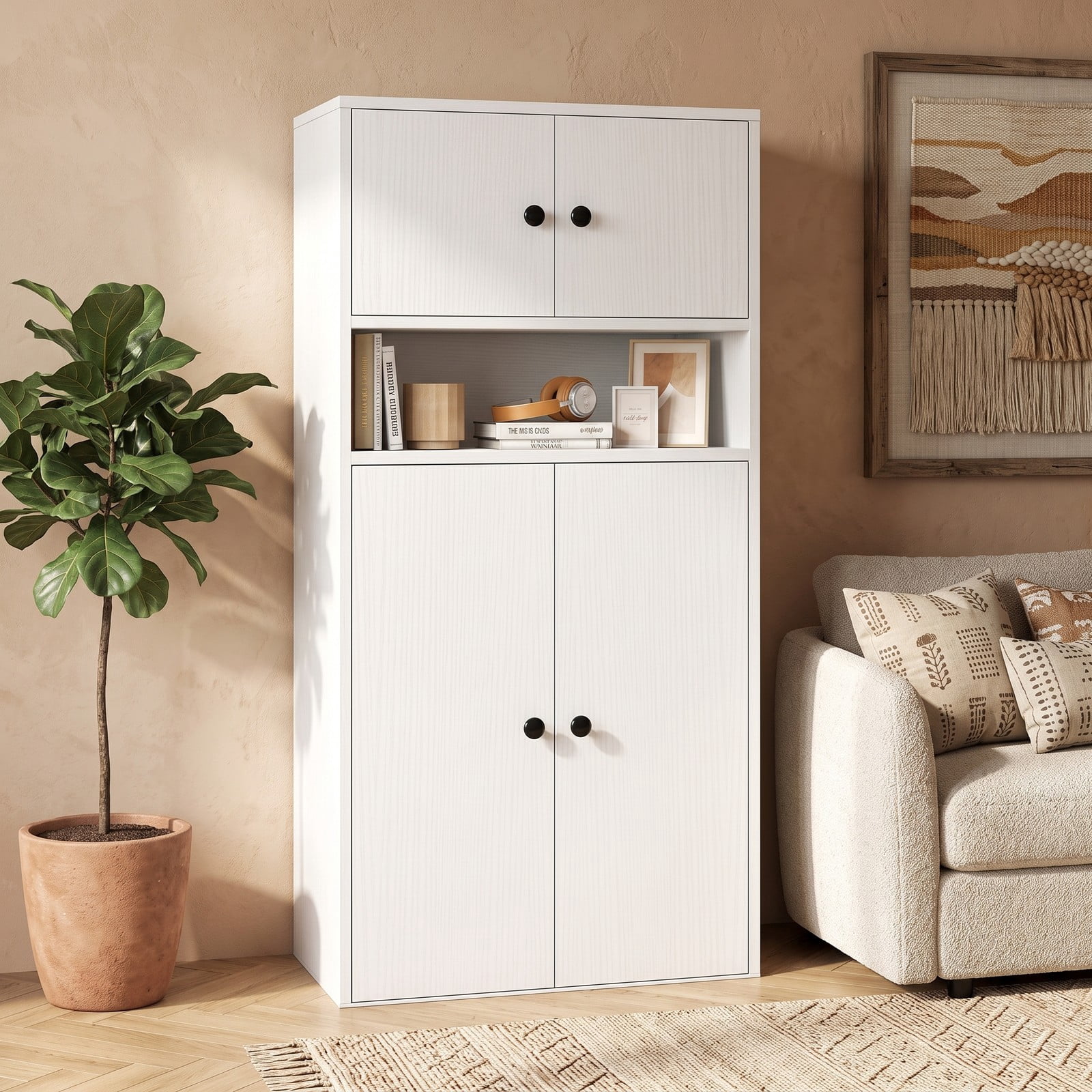 Furnibear 44 Inch Tall Bookshelf with Doors and Adjustable Shelf, Wood Storage Bookcase Cabinet with 2 Enclosed Cabinets and Open Compartment for Home Office, White