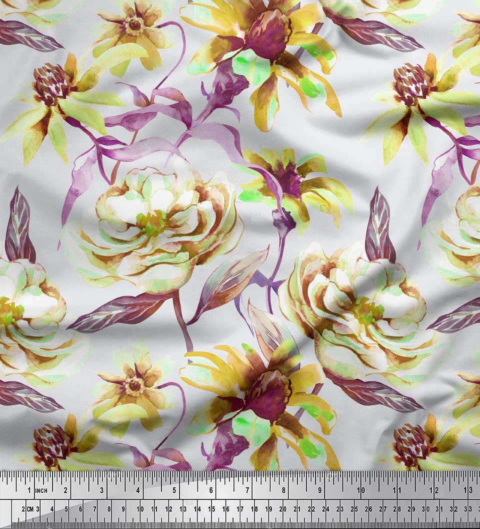 Soimoi Green Poly Georgette Fabric Leaves & Floral Print Sewing Fabric BTY 52 Inch Wide