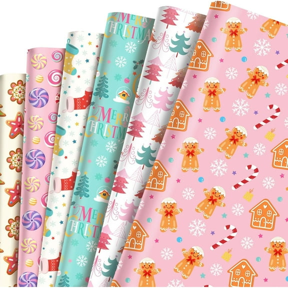 12 Sheets Christmas Wrapping Paper, Pink Christmas Gift Wrapping Paper Gingerbread Man Wrapping Paper for Birthday Xmas Holiday Winter Party Gift Wrap, Merry Christmas Decorations Gift Paper