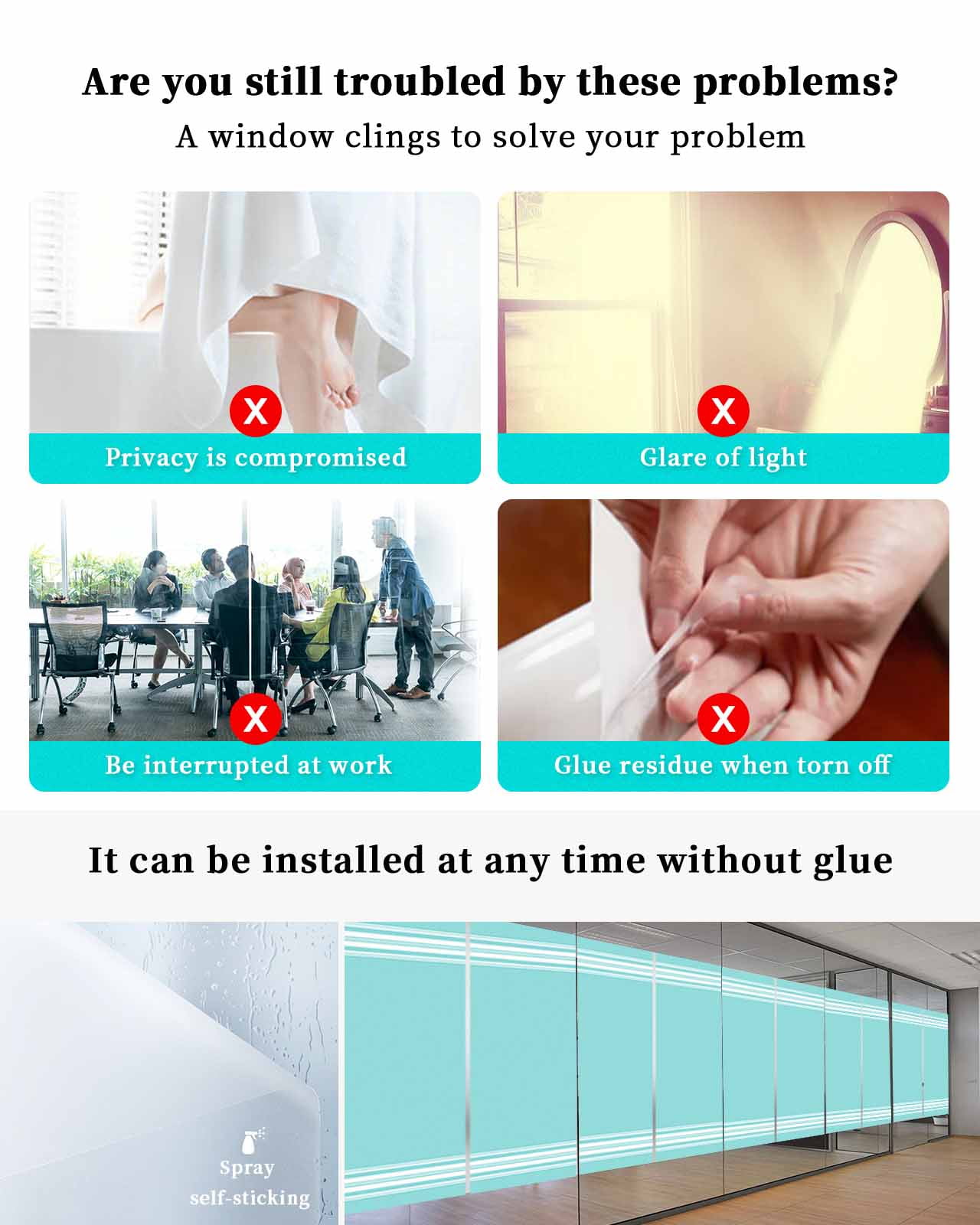 Window Privacy Film, Aqua Stripes UV Sun Blocking Window Tint Film Heat Control One Way Blackout Window Film, Farmhouse Modern Vertical Lines Non Adhesive Static Cling Window Sticker 19.6x39.3 In