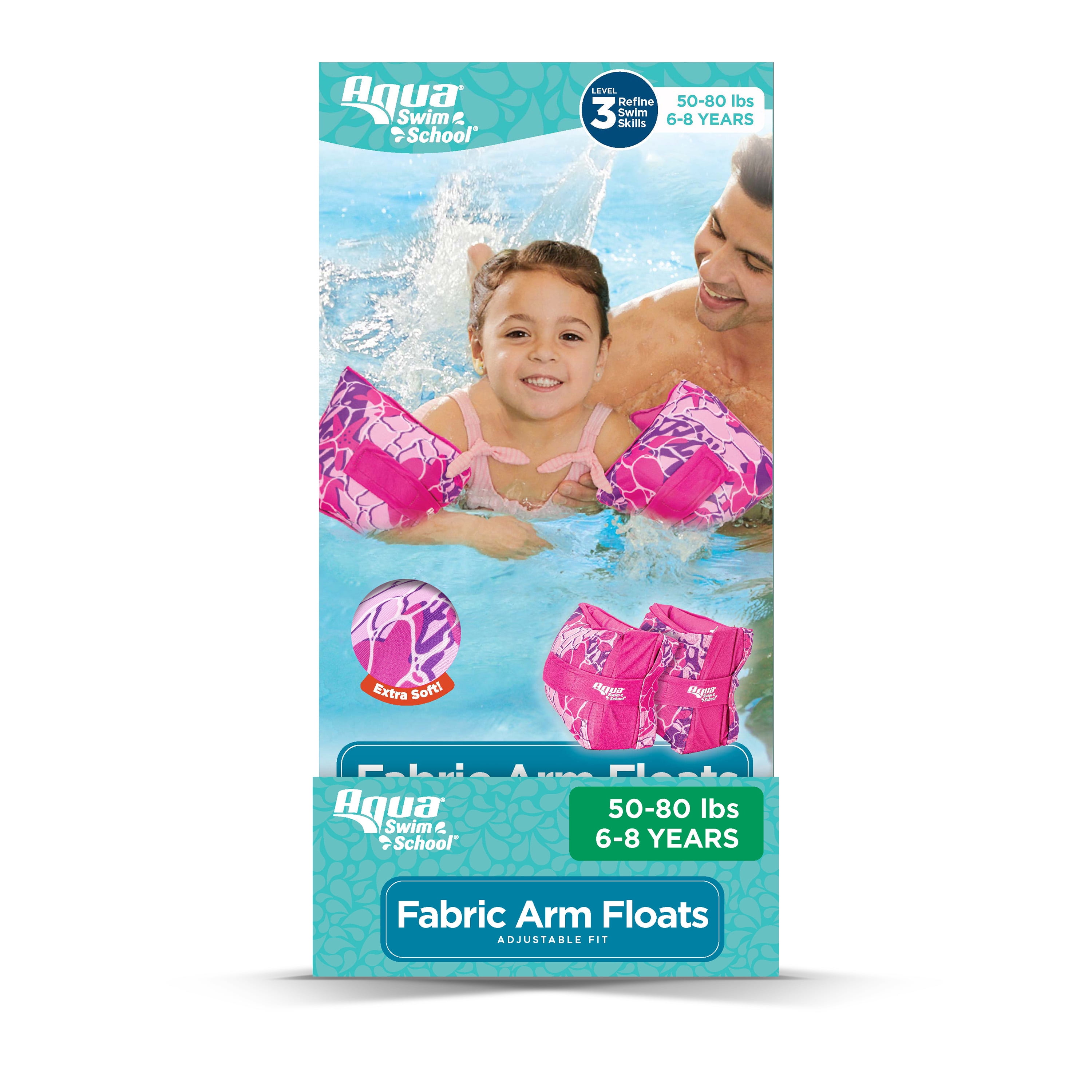 (2 pack) SwimSchool Adjustable Fabric Arm Pool Floats for Children 50-80 lb, Unisex, Pink