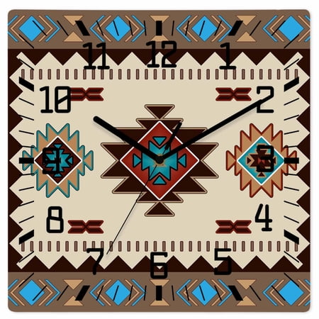 Boho Southwest Wooden Wall Clock Silent Non Ticking, Farmhouse Aztec Tribe Brown Blue Plaid Square Wall Clocks Battery Operated, Decor Clock for Home Office, Living Room, Kitchen, 10 Inch