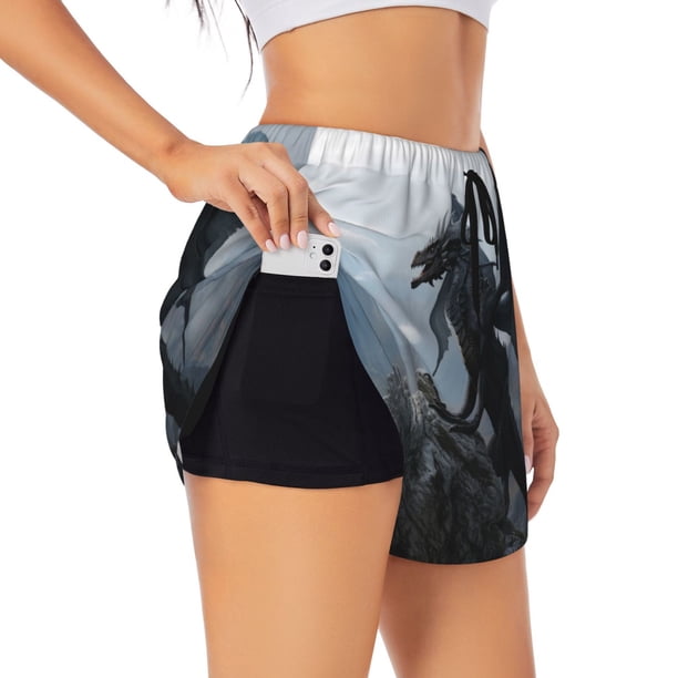 Balery Valley Gray Dragon Pantalones cortos deportivos para mujer con forro y dos bolsillos, elásticos, para entrenamiento, gimnasio, yoga-Large