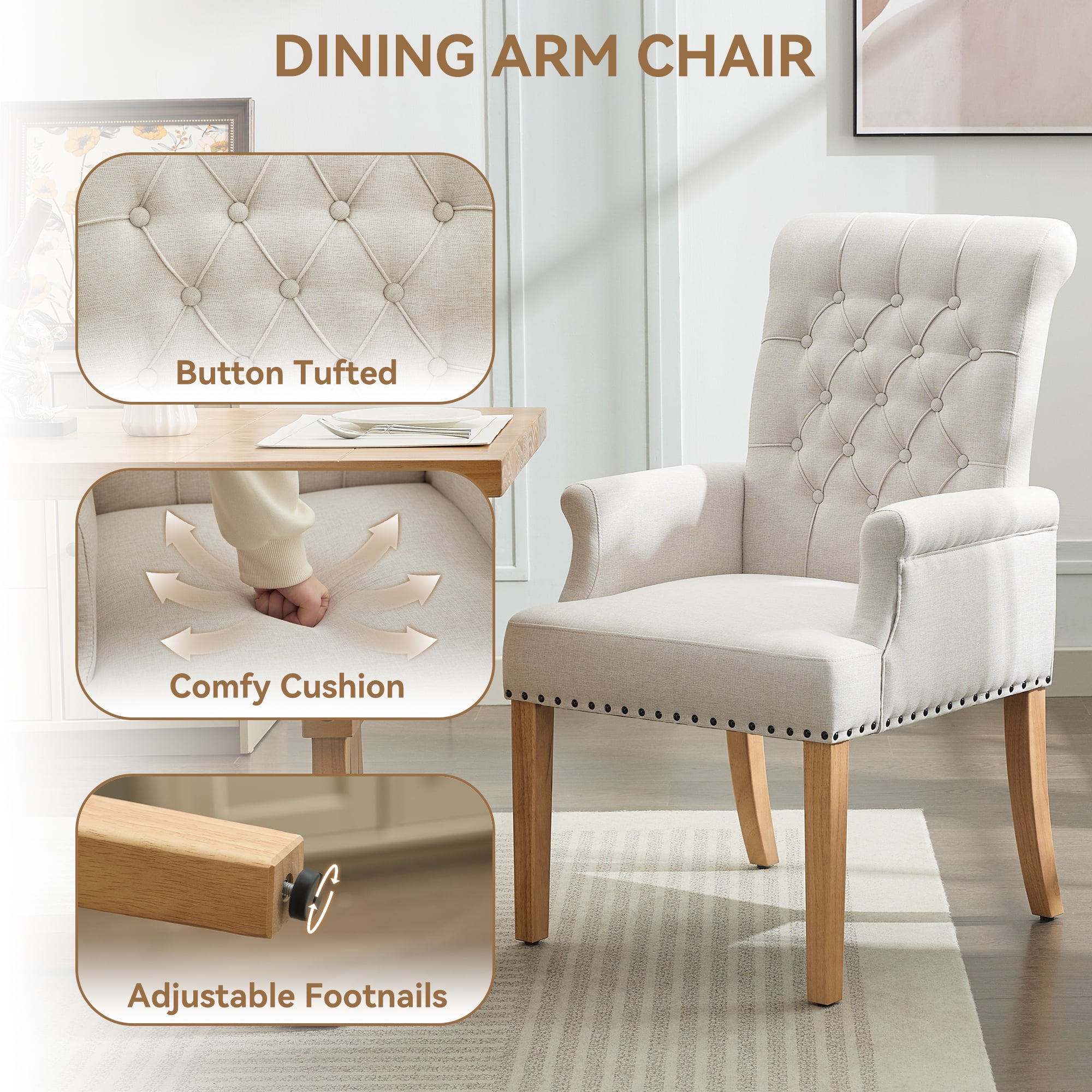 Fabric Upholstered Dining Chair with Arms, Tufted High Back Accent Coffee Armchair for Kitchen Dining Room Living Room, Beige