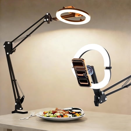 Overhead Phone Mount with 10 Ring Light 5000mAh Magnetic Desktop Tripod with Battery Display Foldable Portable LED Light with 3 Modes & 10-Level Brightness for Makeup Selfies TikTok