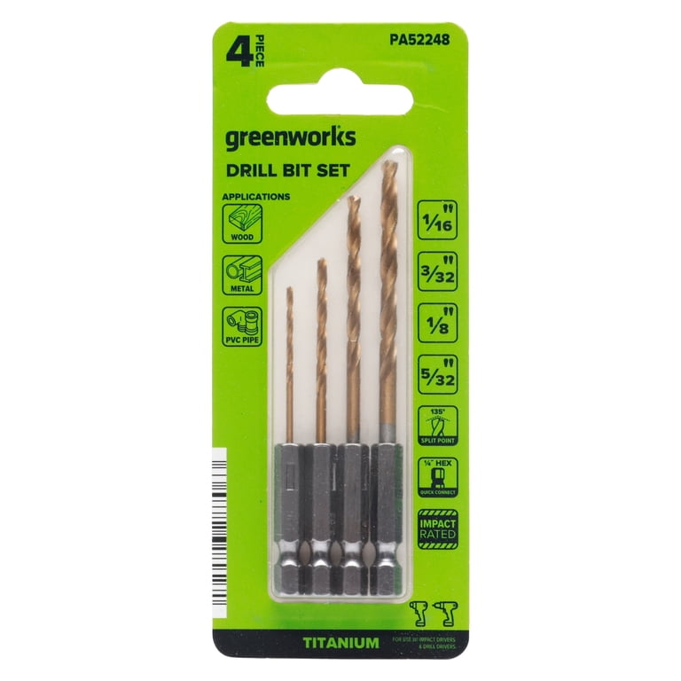 Greenworks 4PC Titanium Drill Bit Set for Metal, Wood, PVC or more