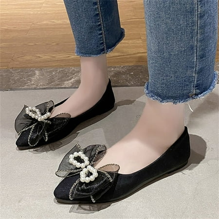 

PhoneSoap Fashion Summer Autumn Women Casual Shoes Flat Ribbon Bow Pearl Pointed Toe Comfortable Black
