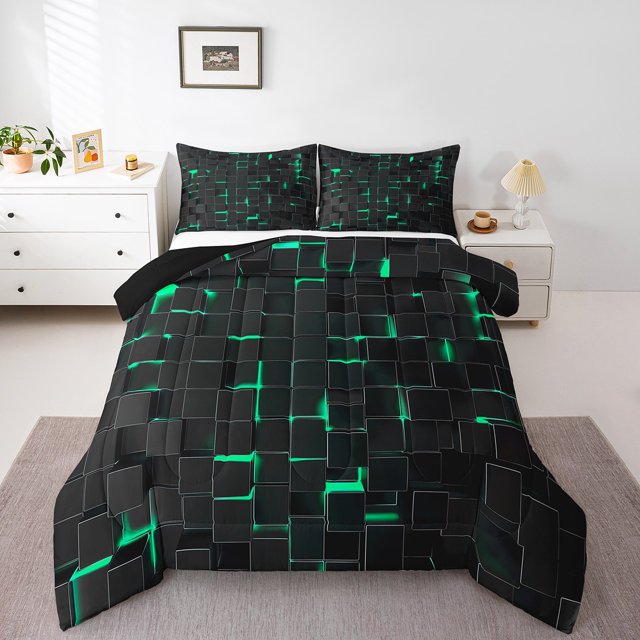 Erosebridal Plaid Grid Comforter Sets,Futuristic Cubes Comforters & Duvets,Abstract Check Bedding Comforter Set,Lightweight Geometric Bedroom Decorative,Reversible,2pcs