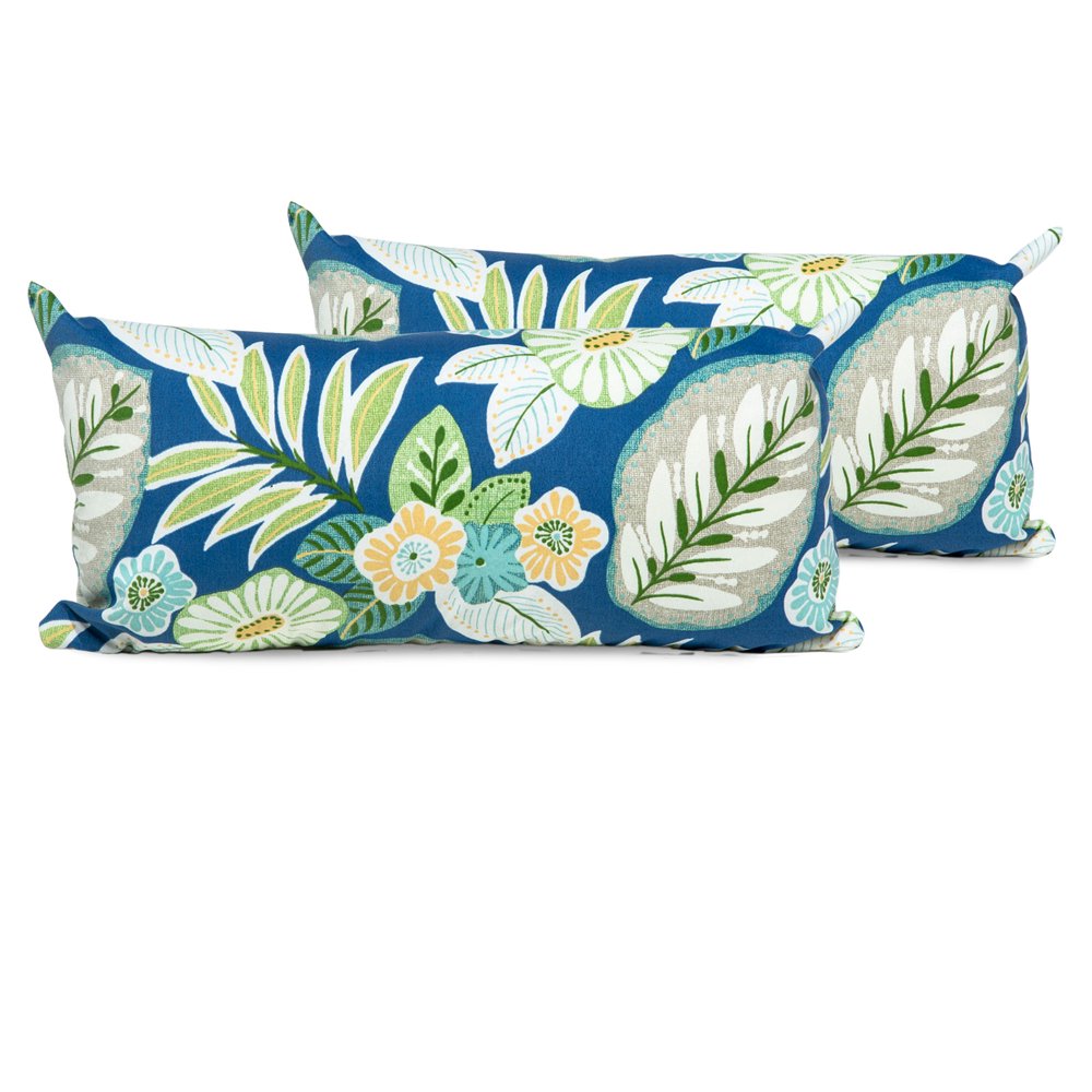 Blue Tropical Floral Outdoor Throw Pillows Set of 2