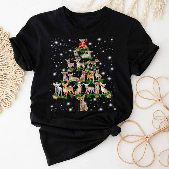 Chihuahua Christmas Tree T-Shirt, Funny Dog Lover Gift, Chihuahua Christmas Lights Shirts, Christmas Shirts for Women Men