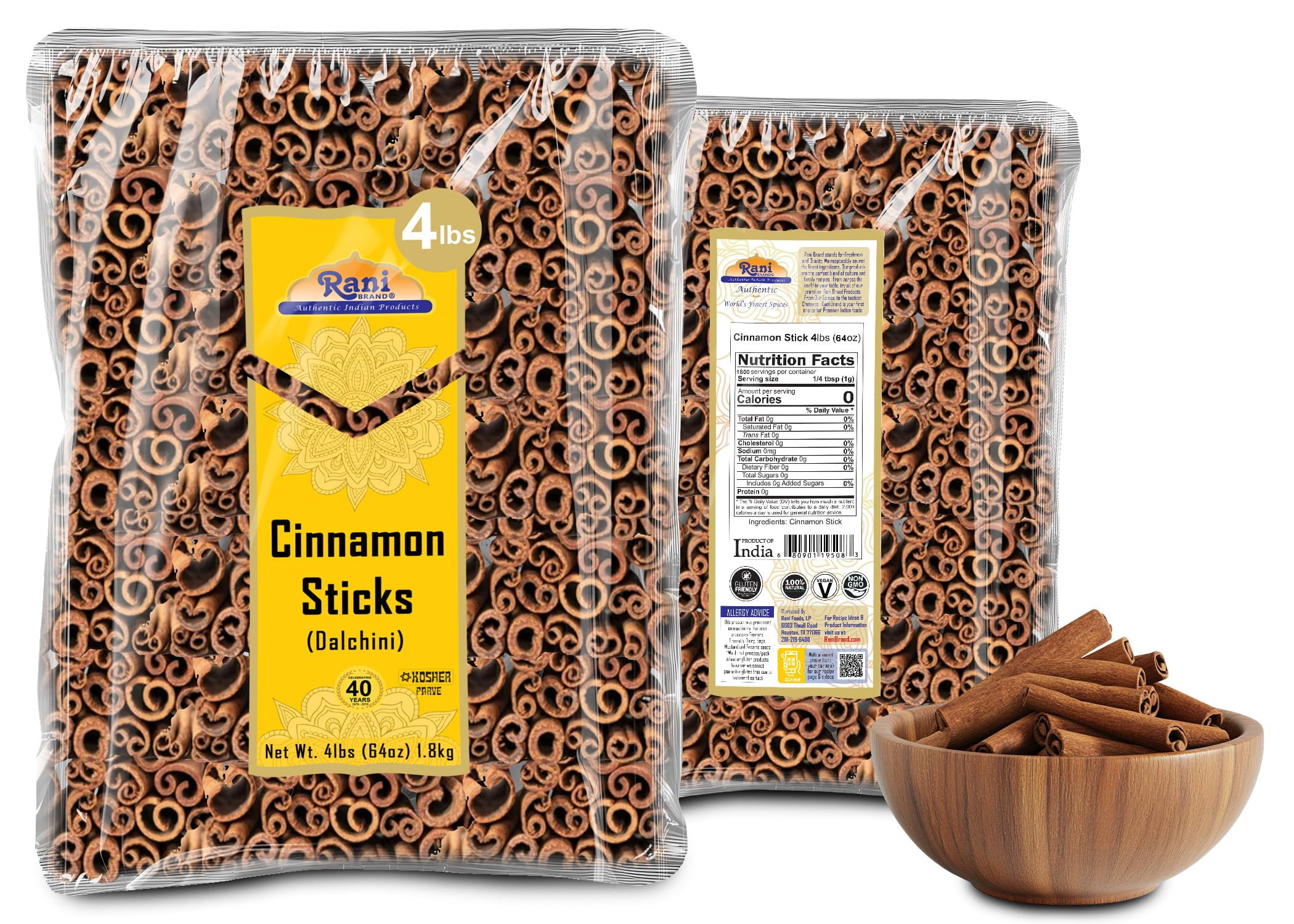 Rani Cinnamon Sticks 64oz (4lbs) 1.81kg Bulk Bag - 350-400 Sticks - Strong Aroma, Perfect for Baking, Cooking & Beverages | 3+ Inches Length - Cassia Saigon Cinnamon from Vietnam | Kosher