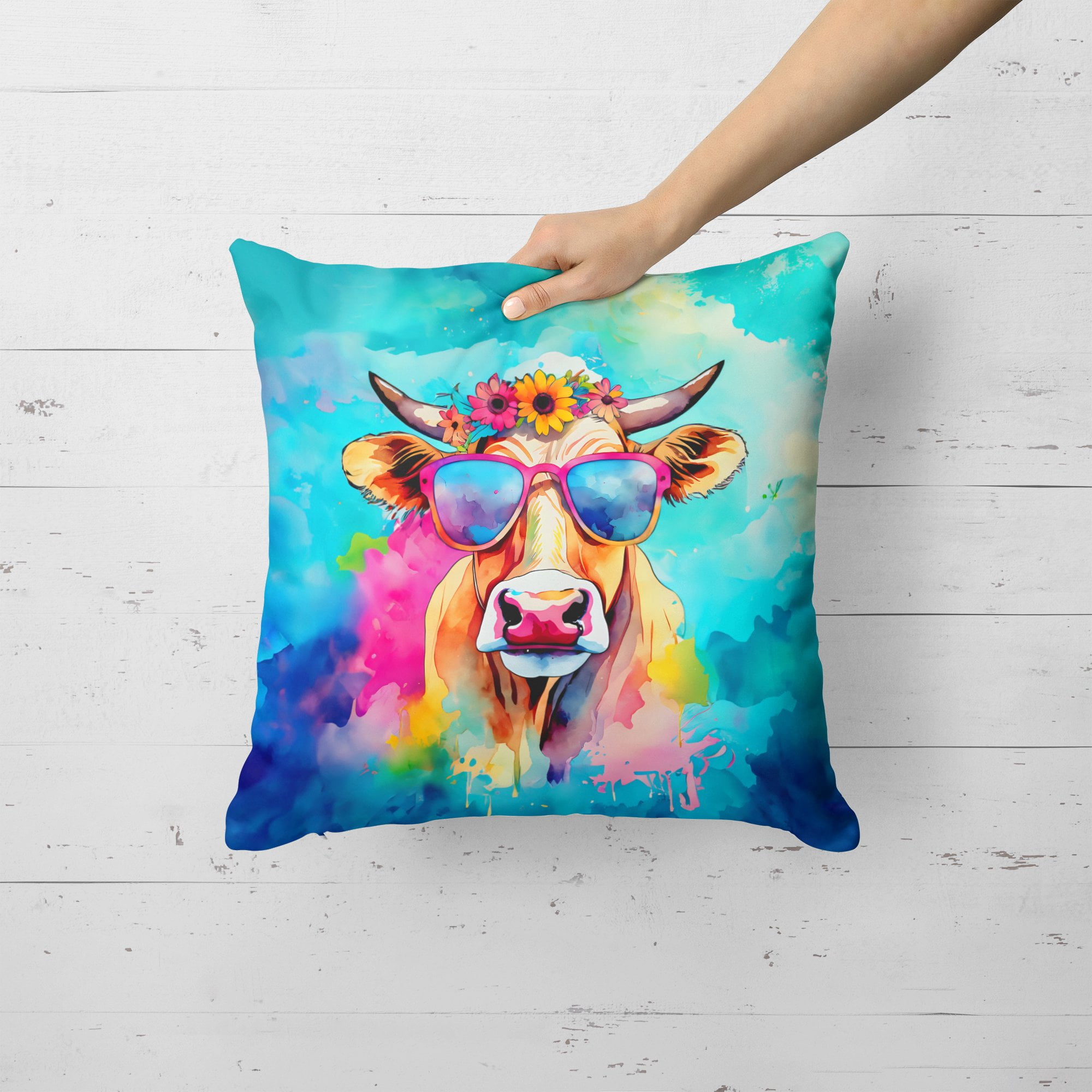 Carolines Treasures DAC4007PW1818 18 x 18 in. Unisex Hippie Animal Malvi Cow Polyester Fabric Throw Pillow