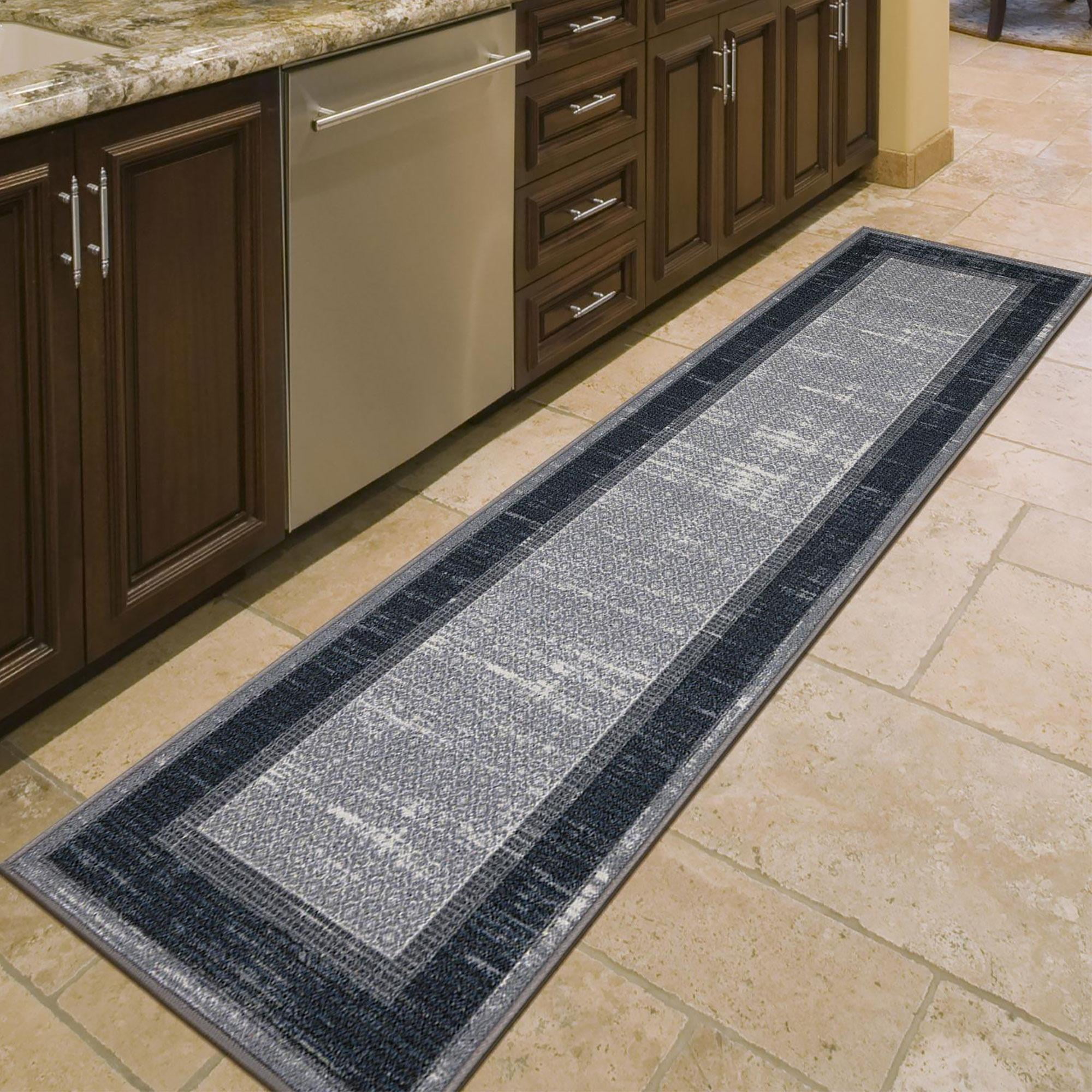 Ottomanson Border Kitchen Runner Rug 1'10" x 7' - Non Slip Low Pile Carpet, Gray/Navy