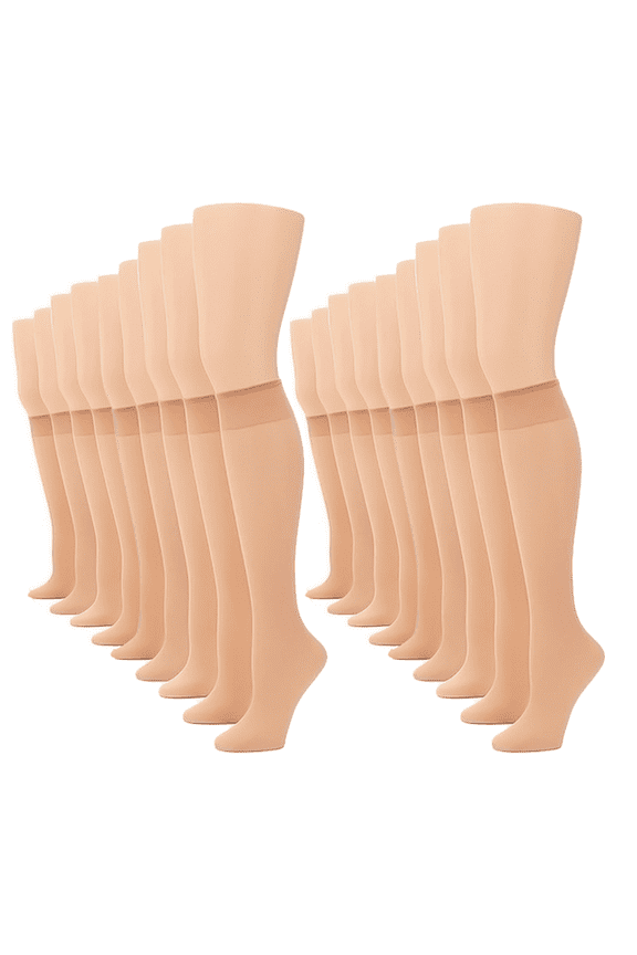 Women's  Knee High Stockings - 15D Sheer Nylon Socks with Reinforced Toe, 18 Pairs, Nude