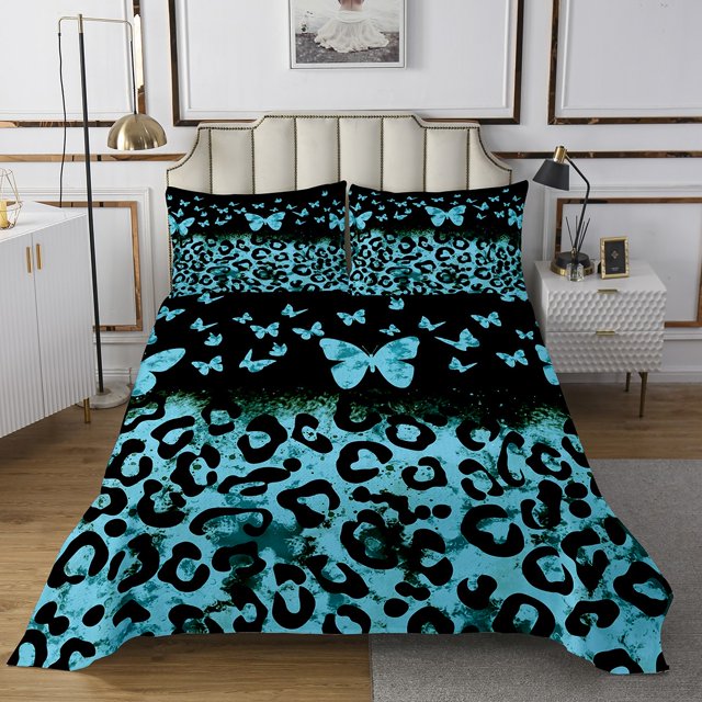 Erosebridal Ensemble de Couvre-Lit Chic Papillon Taille Simple, Ensemble de Lit Imprimé Léopard Bleu pour Filles, 2 Pcs