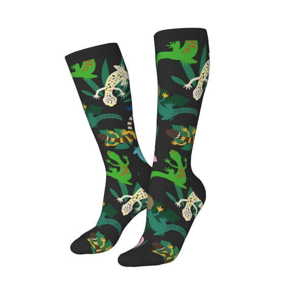 Knee High Socks for Women Men Athletic - Striped Cute Lizard Gecko Plant_A Thigh-High Black Sole Comfort Breathable Long Socks for Casual Travel Running