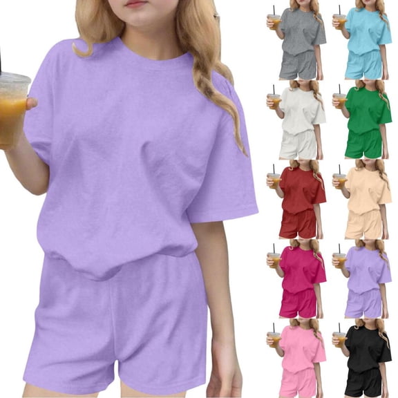 BXSRUTA Kids 2 Piece Short Sleeve T-Shirt and Shorts Set Soft Breathable Cotton Like Casual Lounge Summer Outfit for Girls Boys Ages 3-15 Years