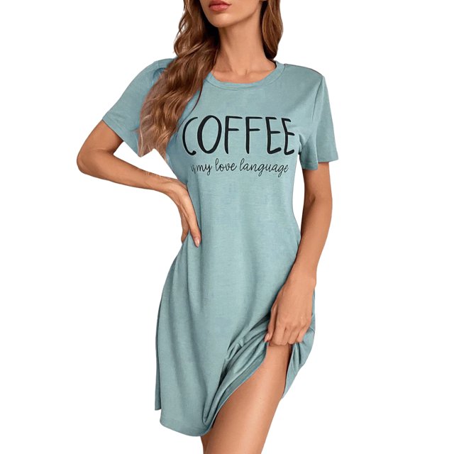 MAWCLOS Chemises de Nuit pour Femmes Col Ras du Cou Robe de Sommeil Manches Courtes Chemises de Nuit Longue T-shirt Nuisette Imprimé de Lettres Vêtement de Nuit Vert m