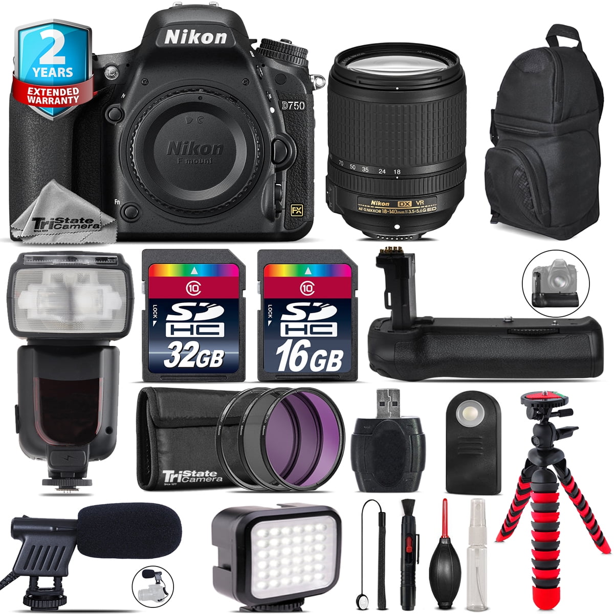 Nikon D750 DSLR + AFS 18140mm VR + Professinal Flash + Battery Grip