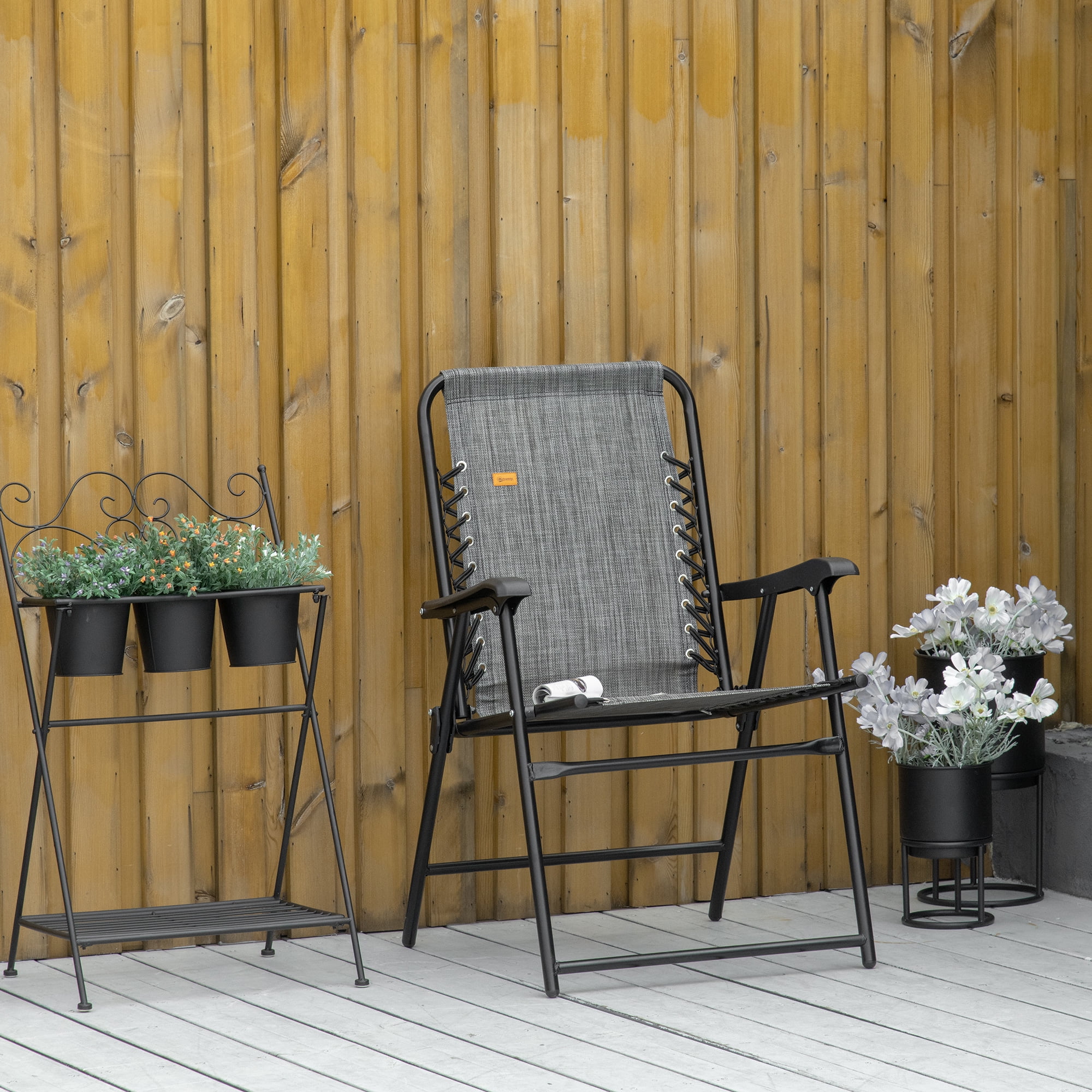 Patio Folding Bungee Sling Chair with Armrests, Portable Outdoor Lawn Chair for Camping Garden Pool Beach Backyard, Gray