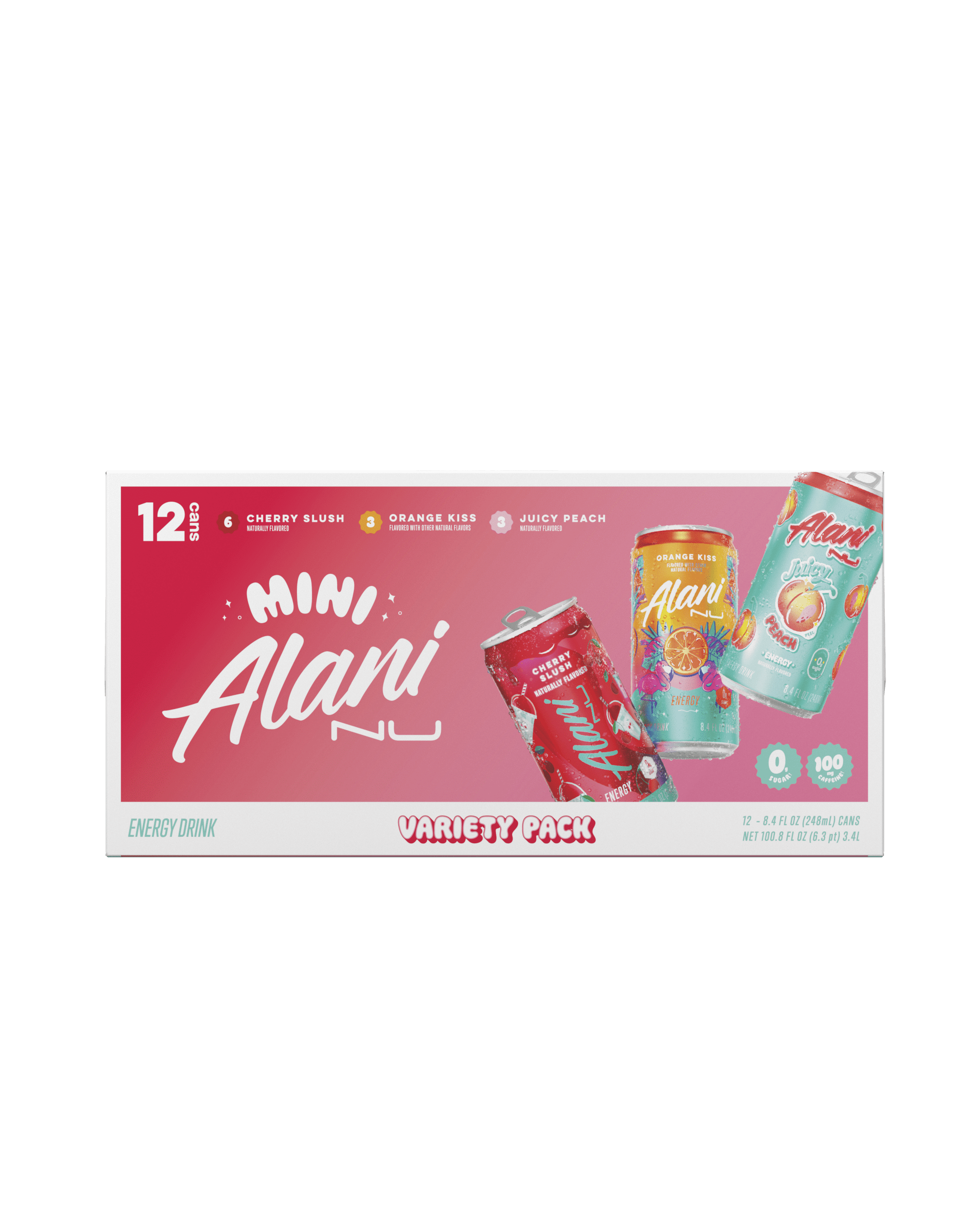 Alani Nu, Mini Variety Pack Cherry Slush, Juicy Peach, Orange Kiss, 8.4 fl oz, pack of 12