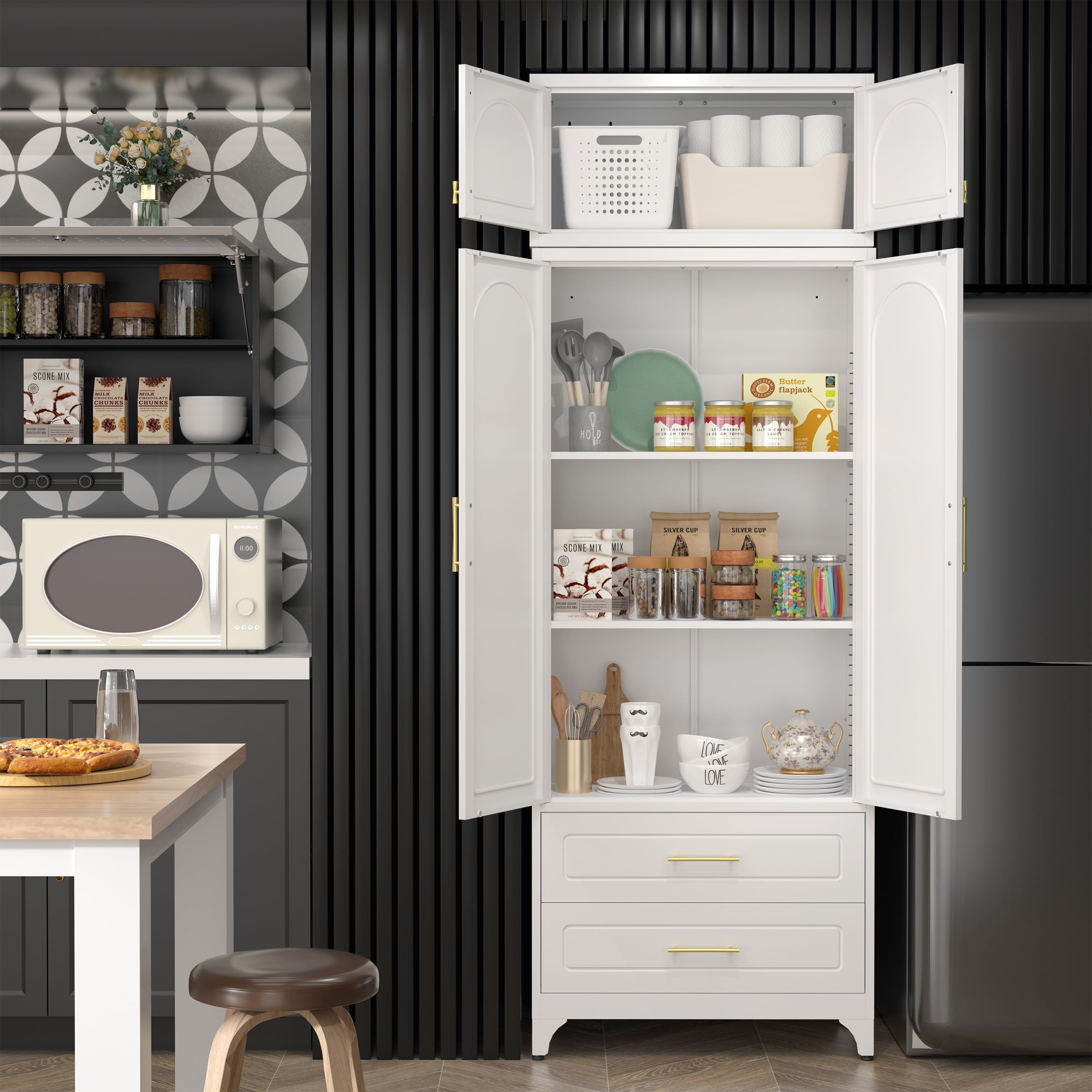 Polup 90" Tall Pantry Cabinet with Two Drawers, Kitchen Metal Storage Cabinets with Doors and Shelves,White, Assembly Required