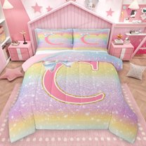 Homewish Initial C Letter Bedding Comforter Set for Girls, Dreamy Galaxy Stars Rainbow Twin Comforter Sets, Cute Princess Style Reversible Bedding Set, Ultra Soft Bedroom Decor, 2-Piece