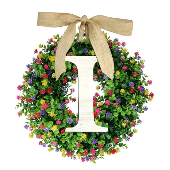 Wreaths for Front Door, 1PC Unique Last Name Round Front Door Wreath with Bow Welcome Sign Garland Creative 26 Letter Farmhouse Wreath for Front Door Outside Hanger Decor, Summer Door Wreath