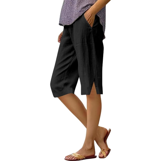 Shorts Décontractés à la Mode pour Femmes avec Fente et Poche en Coton Lin